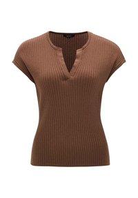 Brązowy, żeberkowy sweter na krótki rękaw z rozcięciem w kształcie litery V i lekko dopasowanym w talii.