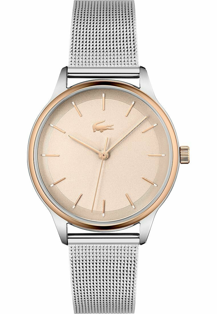 Sølv mesh-armbåndsur med en rosagull bezel og en lys beige teksturert urskive. Har tynne timeindikatorer og logo i midten.