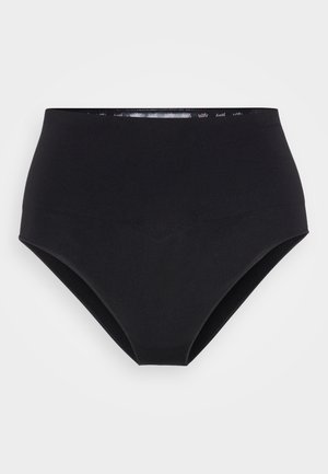 Černé kalhotky s vysokým pasem vyrobené z hladkého materiálu. Disponují širokým pasem s jemným nápisem značky a bezešvým designem.