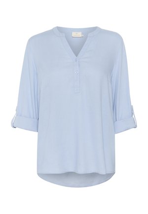 Light blue, long-sleeve shirt with a notch collar, button front, and rolled cuffs. Smooth fabric with a rounded hem and relaxed fit.
