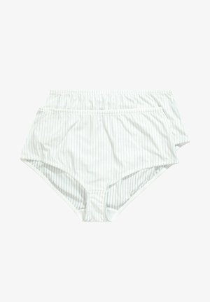 Weiße gestreifte Bikini-Hüftslips aus leichtem Material, mit einem elastischen Bund und einem klassischen, hochgeschnittenen Design für optimalen Komfort.