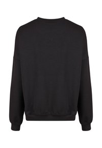 Sweatshirt noir à col rond avec manches longues, poignets et ceinture côtelés. Texture douce avec une coupe décontractée, sans motifs ni accents visibles.