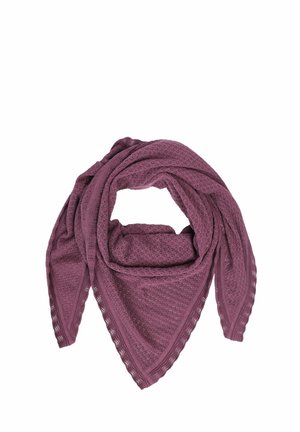 Purple triangular scarf with a textured knit pattern, featuring open lace accents along the edges. Lightweight and versatile design.