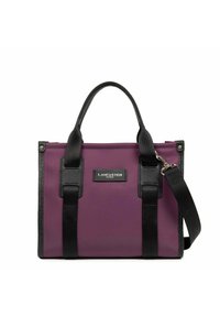 Borsa a tracolla in tessuto viola con dettagli in pelle nera, doppi manici superiori e una tracolla removibile. Presenta un logo del marchio sul frontale.