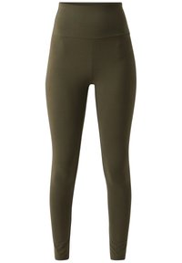 Olijfgroene legging met een hoge tailleband, gemaakt van zachte, rekbare stof. Fitted ontwerp dat tot aan de enkels reikt zonder patronen of accenten.