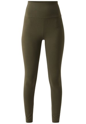 Leggings verde oliva con vita alta, realizzati in tessuto morbido e elasticizzato. Design aderente che arriva fino alle caviglie, senza motivi o dettagli.