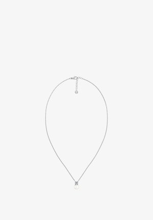 Hopeinen ketjukaulakoru, jossa on pyöreä helmiriipus ja pieni kristalli, mukana säädettävä jatkettava ketju pituuden säätämiseksi.