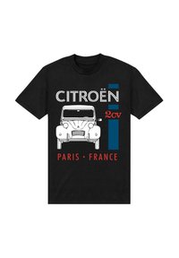 Černé tričko s bílým liniovým výkresem Citroën 2CV, s červeným textem "CITROËN" a "PAŘÍŽ • FRANCIE" a modrým vertikálním akcentem.
