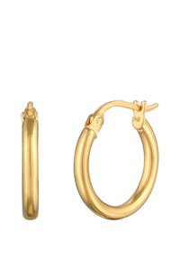 Orecchini a cerchio color oro con una superficie liscia e lucida. Presentano un gancio a cerniera e un design tubolare arrotondato.