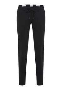 Pantaloni neri slim-fit realizzati in tessuto leggero, con vita regolabile tramite cordoncino, due tasche laterali e una texture liscia.