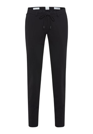 Pantalons slim noirs en tissu léger, dotés d'une taille élastique réglable, de deux poches latérales et d'une texture lisse.