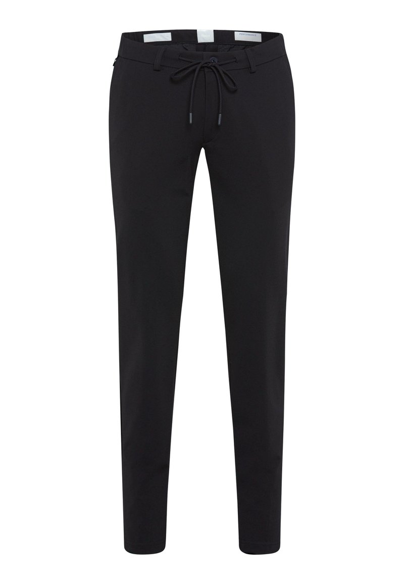 Pantaloni neri slim-fit realizzati in tessuto leggero, con vita regolabile tramite cordoncino, due tasche laterali e una texture liscia.