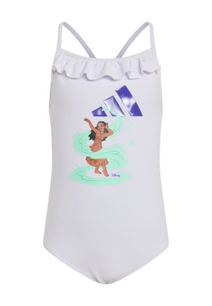 Costume da bagno bianco per ragazze con scollo a balze, con il personaggio Disney Moana che danza con vortici turchesi e logo Adidas viola sopra.