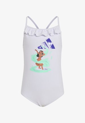 Costume da bagno bianco per ragazze con scollo a balze, con il personaggio Disney Moana che danza con vortici turchesi e logo Adidas viola sopra.
