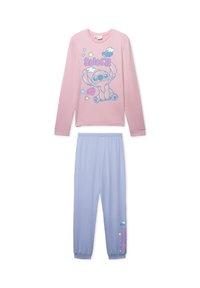 Maglietta rosa a maniche lunghe con grafica di un personaggio dei cartoni animati e stelle blu, abbinata a pantaloni azzurri chiari con vita elasticizzata e decorazioni.