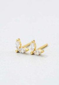 Orecchini a forma di farfalla in oro con pietre trasparenti a faccette, caratterizzati da una finitura lucida e un design elegante. Adatti per varie occasioni.