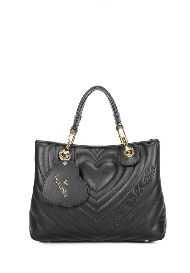 Borsa a tracolla in pelle nera con motivo a zig zag, accentuata da un cuore e decorata con dettagli dorati. Presenta un'etichetta a forma di cuore con il logo del marchio.