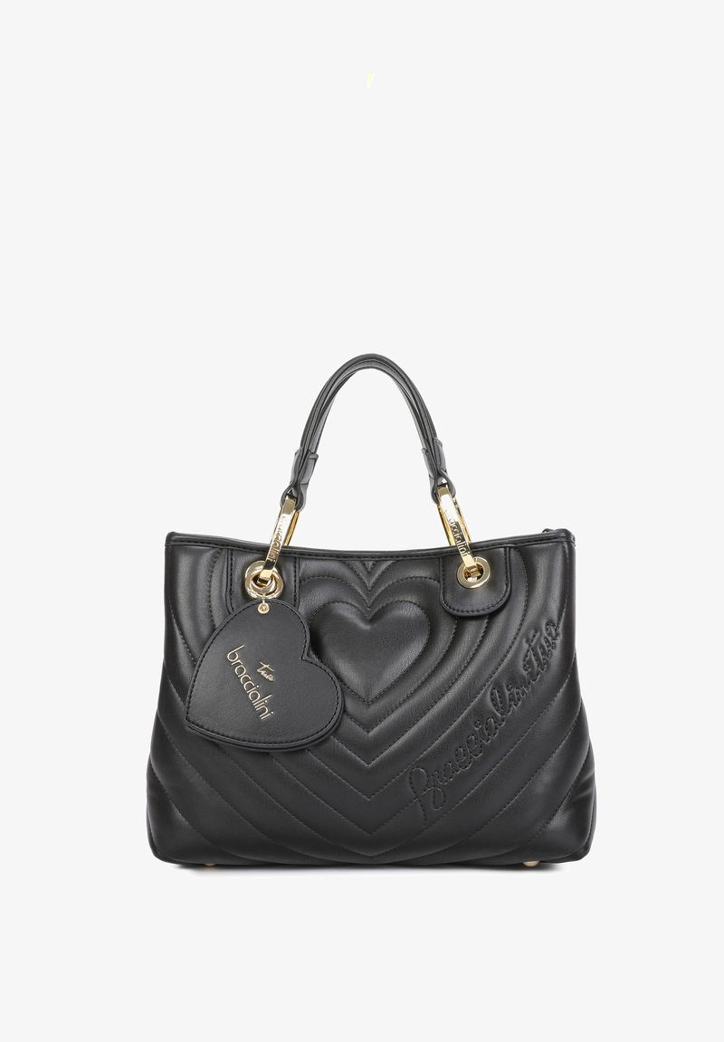 Borsa a tracolla in pelle nera con motivo a zig zag, accentuata da un cuore e decorata con dettagli dorati. Presenta un'etichetta a forma di cuore con il logo del marchio.