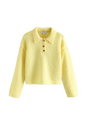 Pull jaune doux à manches longues avec un col et trois boutons en bois au centre devant.