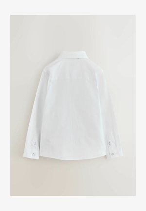 Bijela košulja s dugim rukavima, klasičnim okovratnikom, manžetama na gumbe i glatkom teksturom. Stražnji dio ima kragnu s umetkom i suptilne detalje šavova.