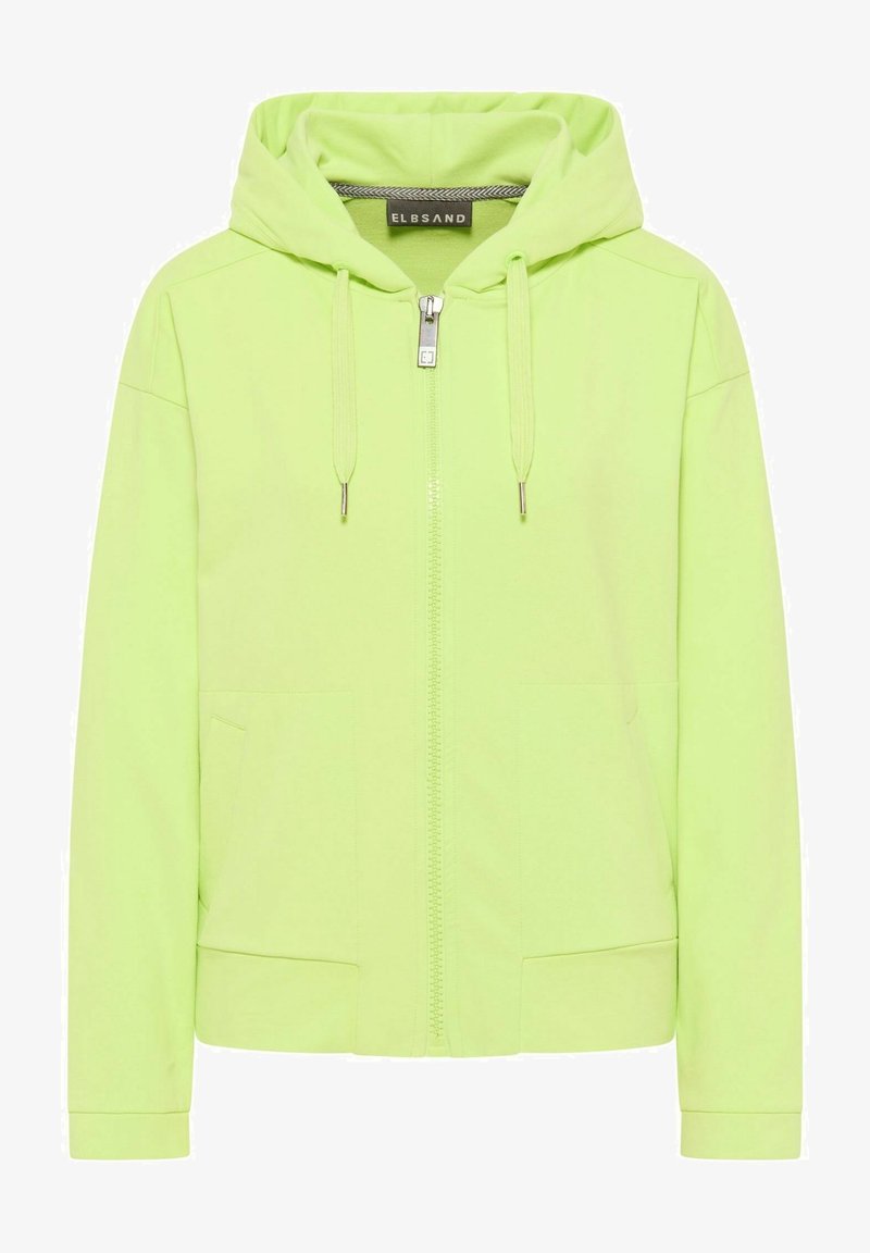 Sweat à capuche zippé vert clair avec poches avant, capuche à cordon et étiquette ELBSAND sur le col, présenté sur fond blanc.