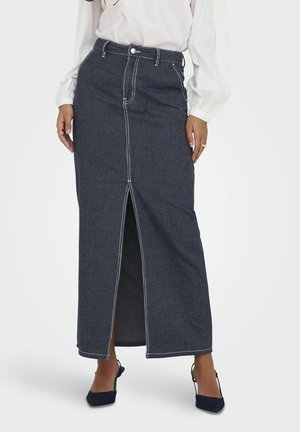 Maxi jeanskjol i mörkblått med vita ränder. Har en framfåra, knappstängning och sömnadsdetaljer. Slät, texturerad tyg.