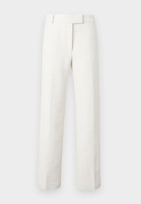 Fehér, testre szabott nadrág texturált anyagból. Egyenes szárú és övbújtatókkal ellátott, tiszta, minimalista sziluettel tervezve.