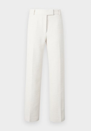 Hvite, skreddersydde bukser med et teksturert stoff. Har rette ben og beltehemper, designet med en ren og minimalistisk silhuett.