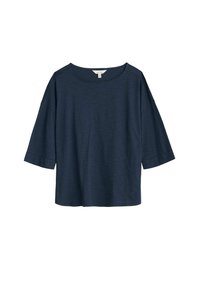 Top de color azul marino, de mangas cortas y escote amplio, con un corte holgado. Fabricado con un tejido texturizado, cuenta con hombros caídos y un dobladillo recto.