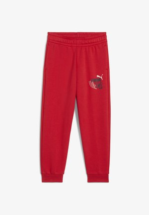 Røde atletiske bukser lavet af blød bomuldsblanding, med en elastisk talje, sidelommer og et trykt logo med grafiske accenter.