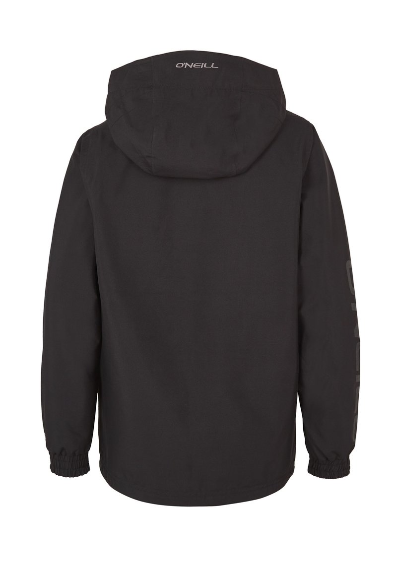 Chaqueta negra con capucha, que presenta puños elásticos y un corte relajado. Logo "O'NEILL" en gris claro en la manga izquierda. Textura suave y mate.