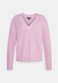 Jasnofioletowy sweter z dekoltem w kształcie V, z długimi rękawami oraz ribbowymi mankietami, dołem i dekoltem.