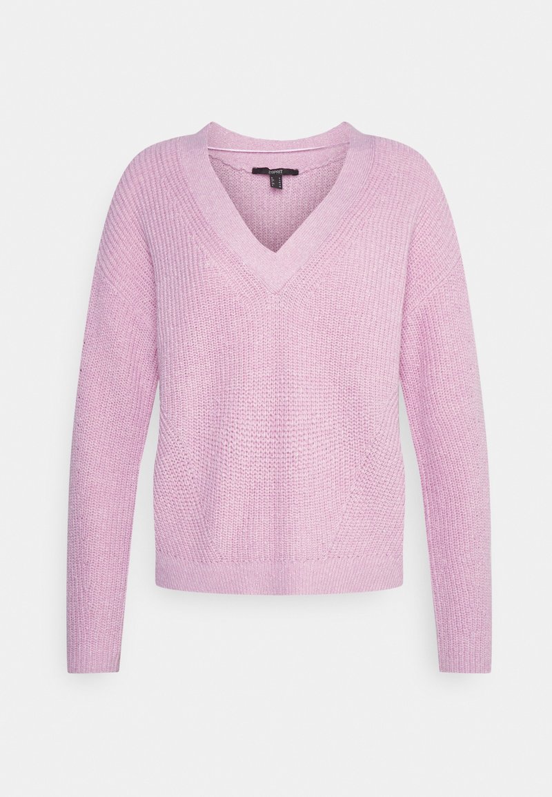 Jasnofioletowy sweter z dekoltem w kształcie V, z długimi rękawami oraz ribbowymi mankietami, dołem i dekoltem.