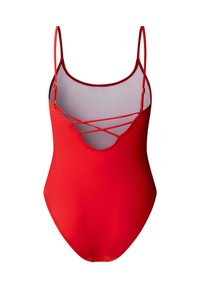 Punane tervikutükk ujumistrikoo, millel on õhukesed reguleeritavad õlapaelad ja seljal risti rihmad.