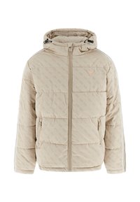 Jachetă puffer bej cu glugă, textură matlasată, logo pe piept, închidere cu fermoar în față și accente în dungi pe mâneci. Are buzunare laterale.