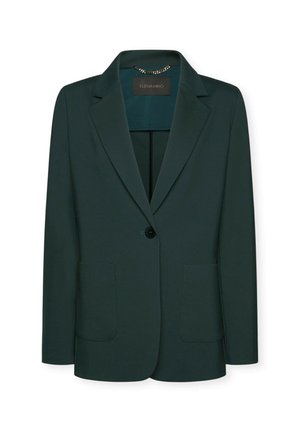 Blazer verde scuro con un solo bottone, colletto a punte e due tasche a pattina frontali, appeso su uno sfondo bianco.