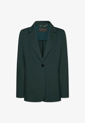 Blazer verde scuro con un solo bottone, colletto a punte e due tasche a pattina frontali, appeso su uno sfondo bianco.