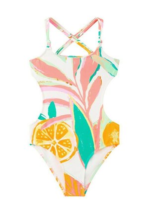 Maillot de bain une pièce pour femme avec imprimé coloré de feuilles tropicales et fruits d'orange, doté de fines bretelles croisées sur les épaules.