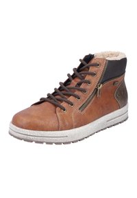 Botte montante en cuir brun avec doublure en fausse fourrure, présentant des accents noirs, un laçage et une fermeture éclair latérale, sur une semelle blanche texturée.