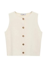 Cremfarbener ärmelloser Top mit geradem Schnitt und sechs goldenen Knöpfen auf der Vorderseite. Sanfte Textur und minimalistisches Design, ohne Muster.