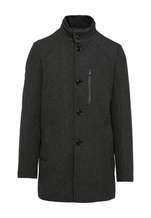 Donkergrijze jas met een gestructureerd patroon, hoge kraag, knoopsluiting aan de voorkant en zijzakken. Voorzien van een ritsvak op de borst voor extra opbergruimte.