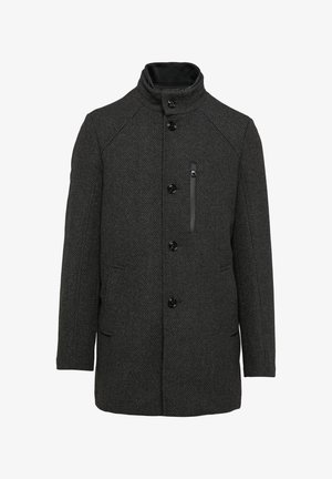 Dunkelgrauer Mantel mit strukturiertem Muster, hohem Kragen, Knopfleiste und seitlichen Taschen. Verfügt über eine mit Reißverschluss verschlossene Brusttasche für zusätzlichen Stauraum.