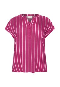 Blouse à manches courtes rayée rose avec un col cranté et une patte de boutonnage à trois boutons, fabriquée en tissu léger. Les rayures verticales sont d'un rose plus clair.