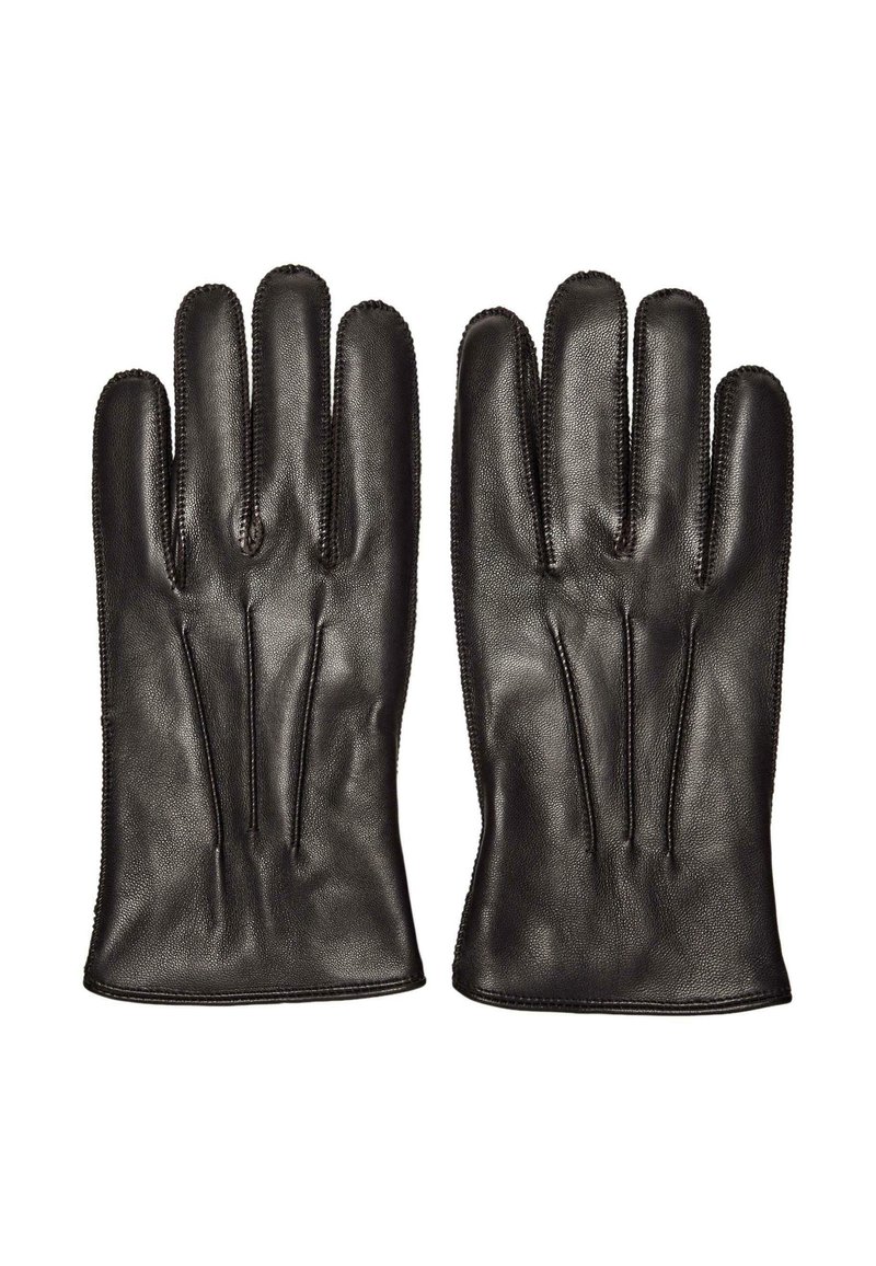 Schwarze Lederhandschuhe mit Fünf-Finger-Design, glatter Textur und kontrastierenden Nähten. Mit Nähten entlang der Handfläche und Fingergelenke.