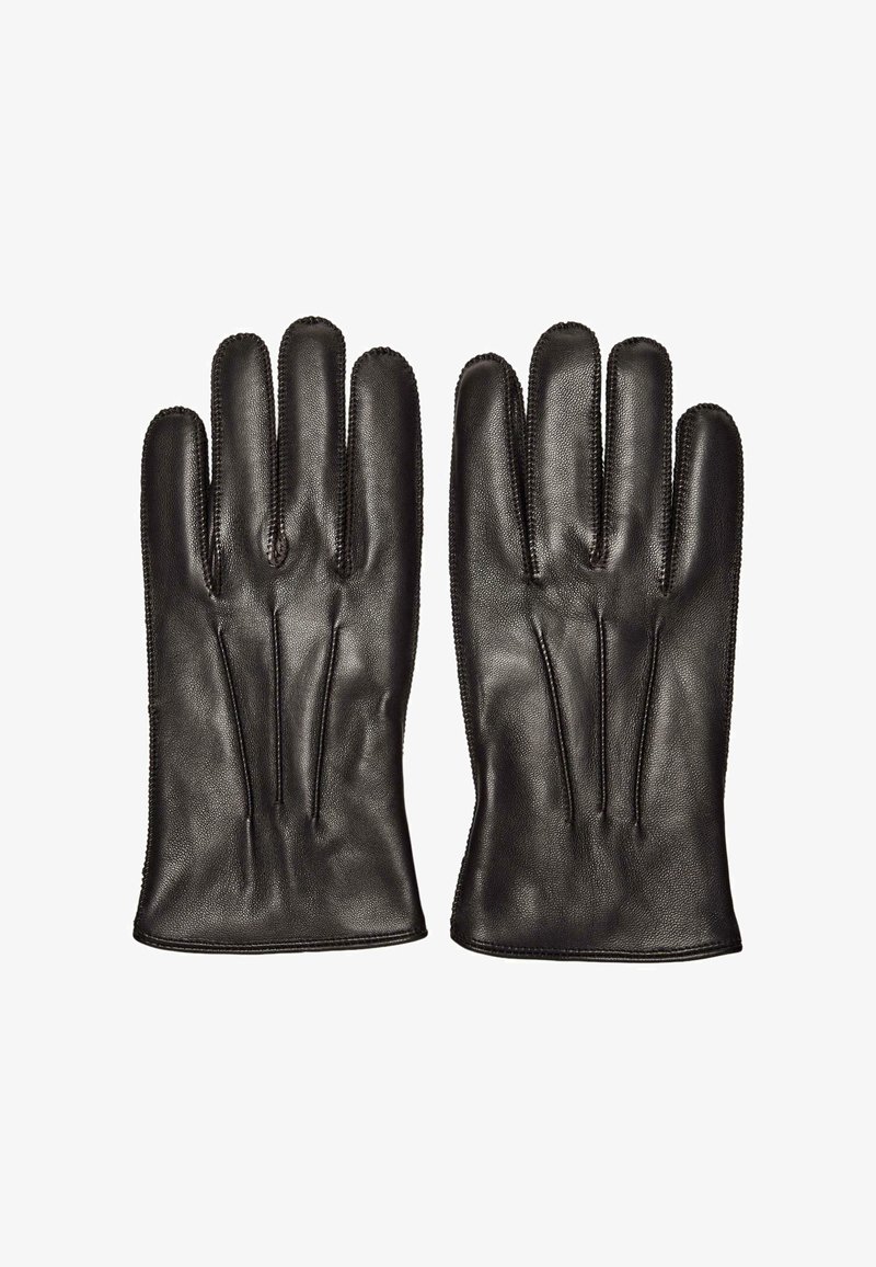 Sorte læderhandsker med fem-finger design, glat tekstur og kontrasterende syninger. Har sømme langs håndflade og fingerled.