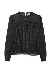 Zwarte blouse met hoge hals, geplooid ontwerp, lange mouwen en een subtiele glinsterende textuur. Bevat een sleufopening aan de achterkant.