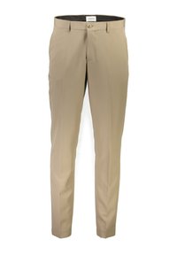 Beige Chinos mit geradem Bein, vorn mit Knopfverschluss und Gürtelschlaufen. Sanfte Textur mit feinen Falzlinien, die entlang jedes Beins verlaufen.