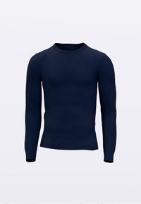 Mornarskoplava plava pletena majica s okruglim izrezom, dugim rukavima i rebrastim rubovima na rukavima i donjem dijelu. Glatka tekstura s pristajućim oblikom.