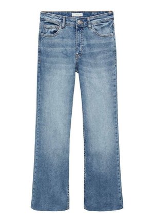 Mellemblå jeans med lige ben, forlommer, bæltestropper, metal knapp og lynlås.