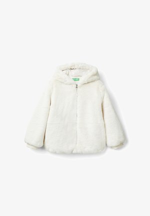 Weißer Kunstpelzjacke mit Kapuze, Frontreißverschluss und gerippten Bündchen. Weiche Textur, kastige Form und nahtloses Design ohne sichtbare Muster.